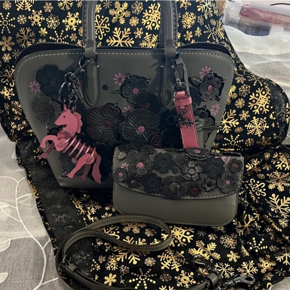 Coach Dakotah Linked Tea Rose Bag And Matching Clutch Wallet With 2 Charms!